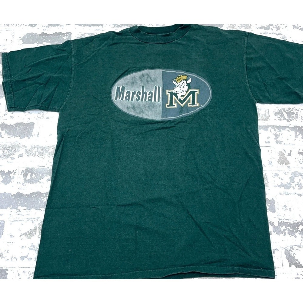 Vintage‎ Marshall Thundering Herd Shirt Large Green Tee University Y2K 90s Faded